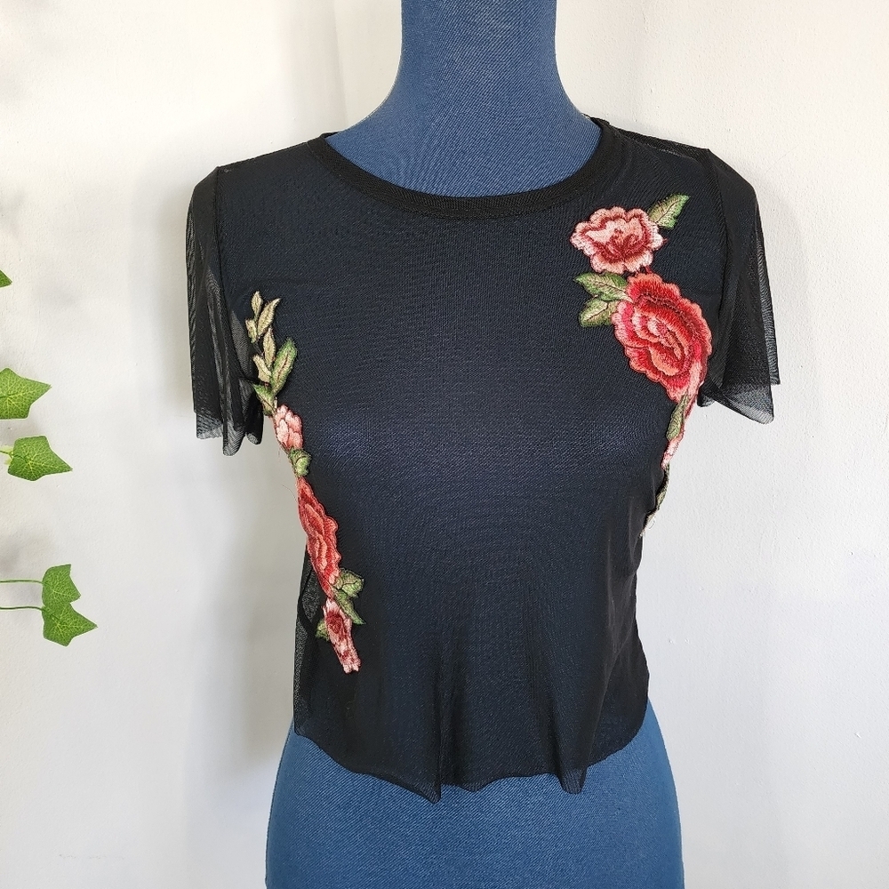 Blue Blush Black Sheer Top with Embroidered Flowers